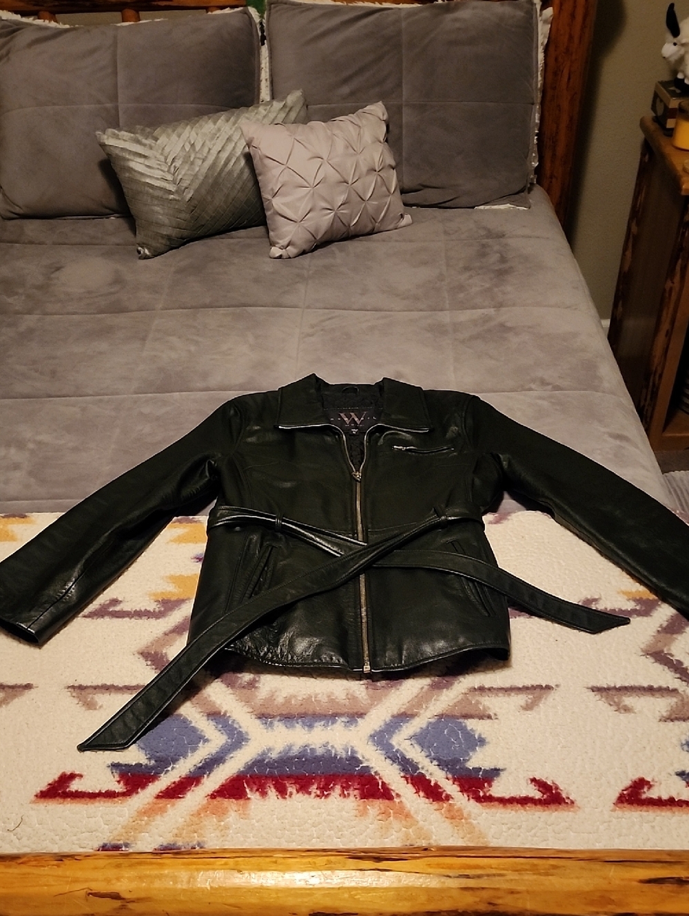 Womens Black Leather Zip Front Jacket with Belt - Picture 1 of 9